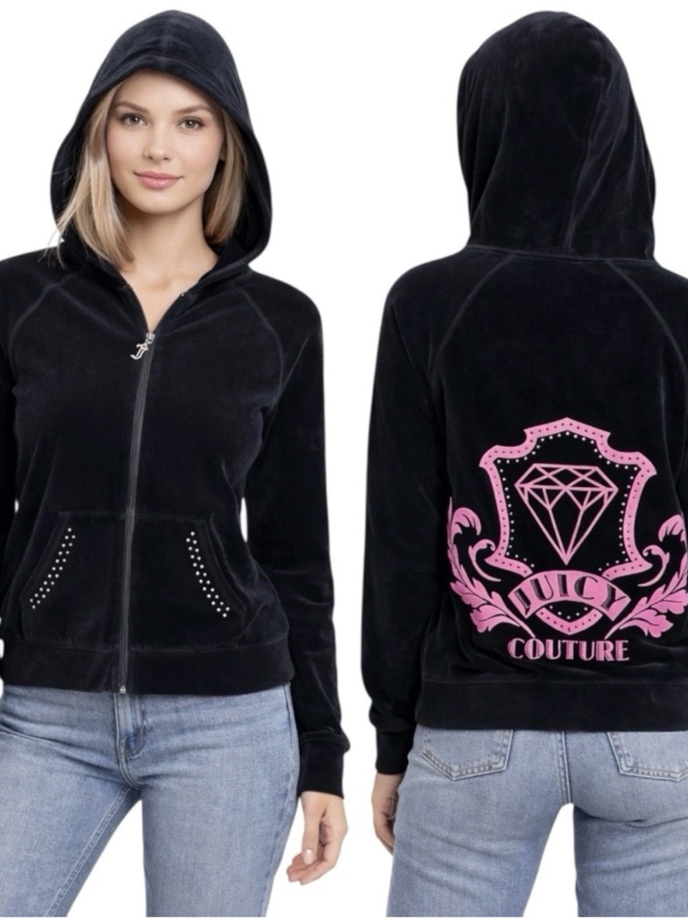 Vintage Juicy Couture Girls XL Black Velour Original Pink Crest Rhinestones Y2K